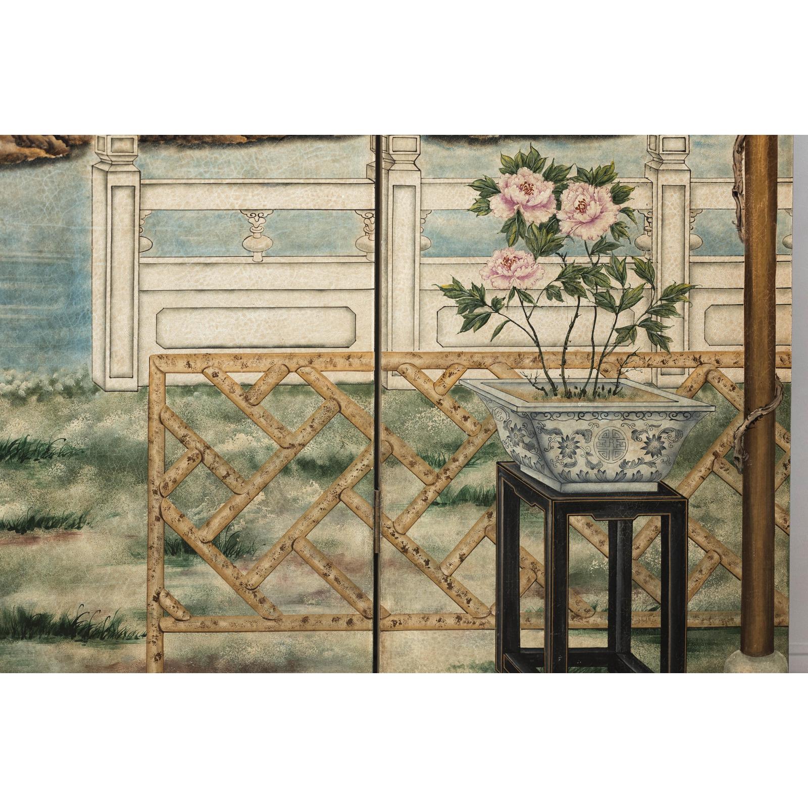 Hand-Painted Four-Panel Screen with Garden Pavilion and Peony Motifs