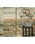 Hand-Painted Four-Panel Screen with Garden Pavilion and Peony Motifs