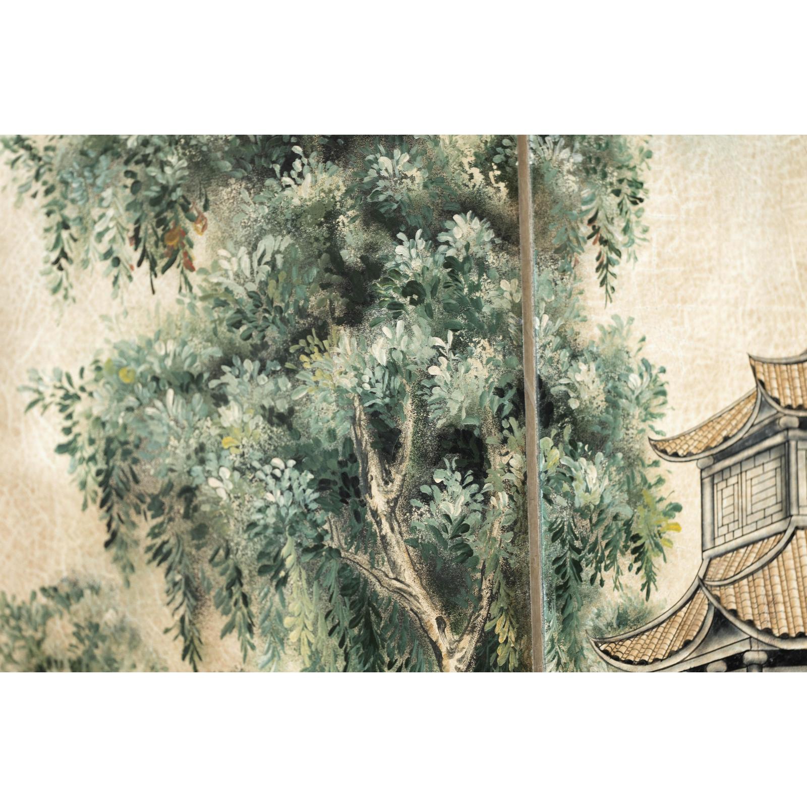 Hand-Painted Four-Panel Screen with Garden Pavilion and Peony Motifs