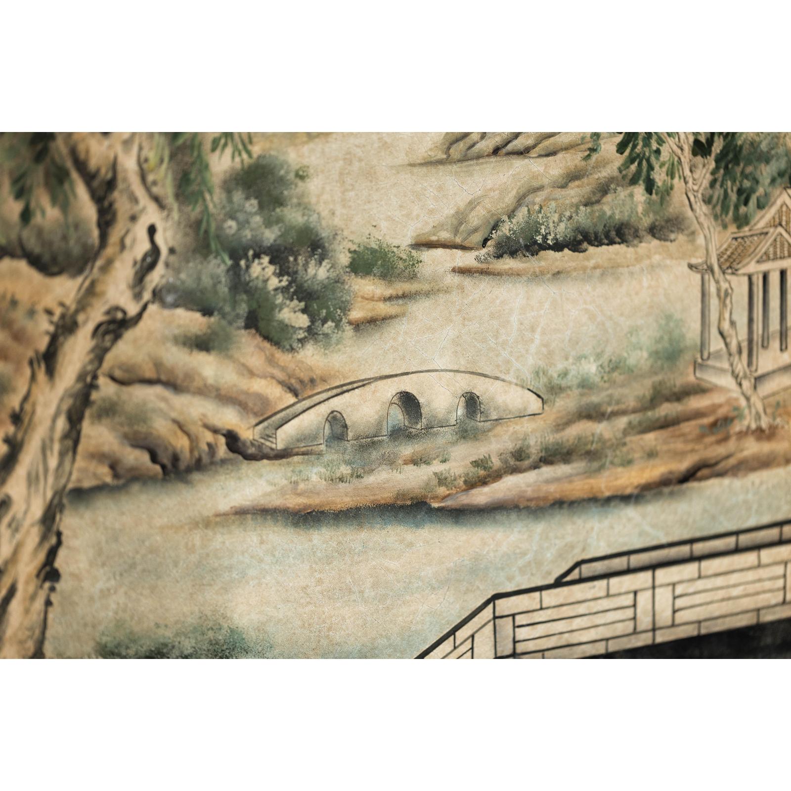 Hand-Painted Four-Panel Screen with Garden Pavilion and Peony Motifs