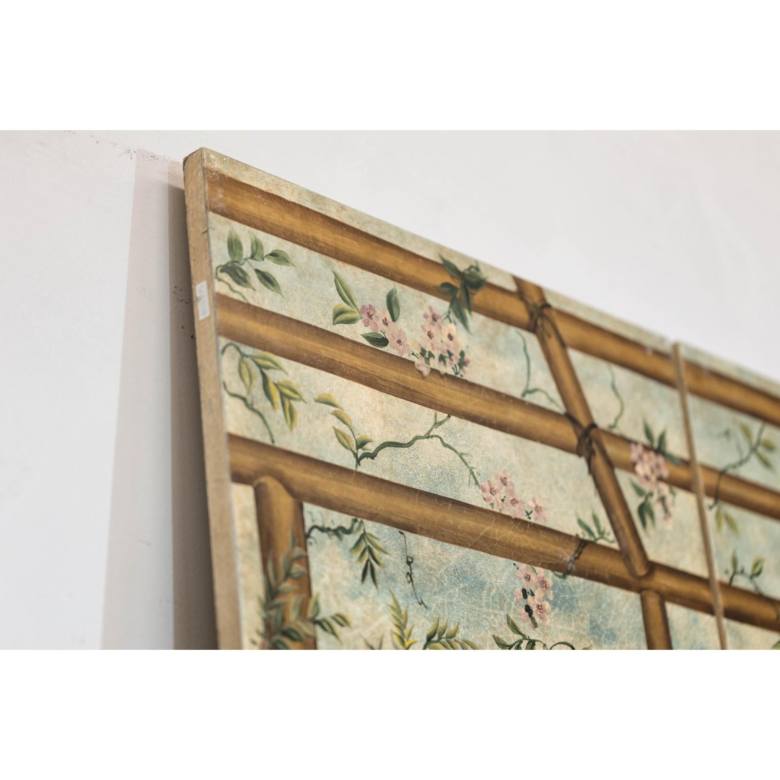 Hand-Painted Four-Panel Screen with Garden Pavilion and Peony Motifs