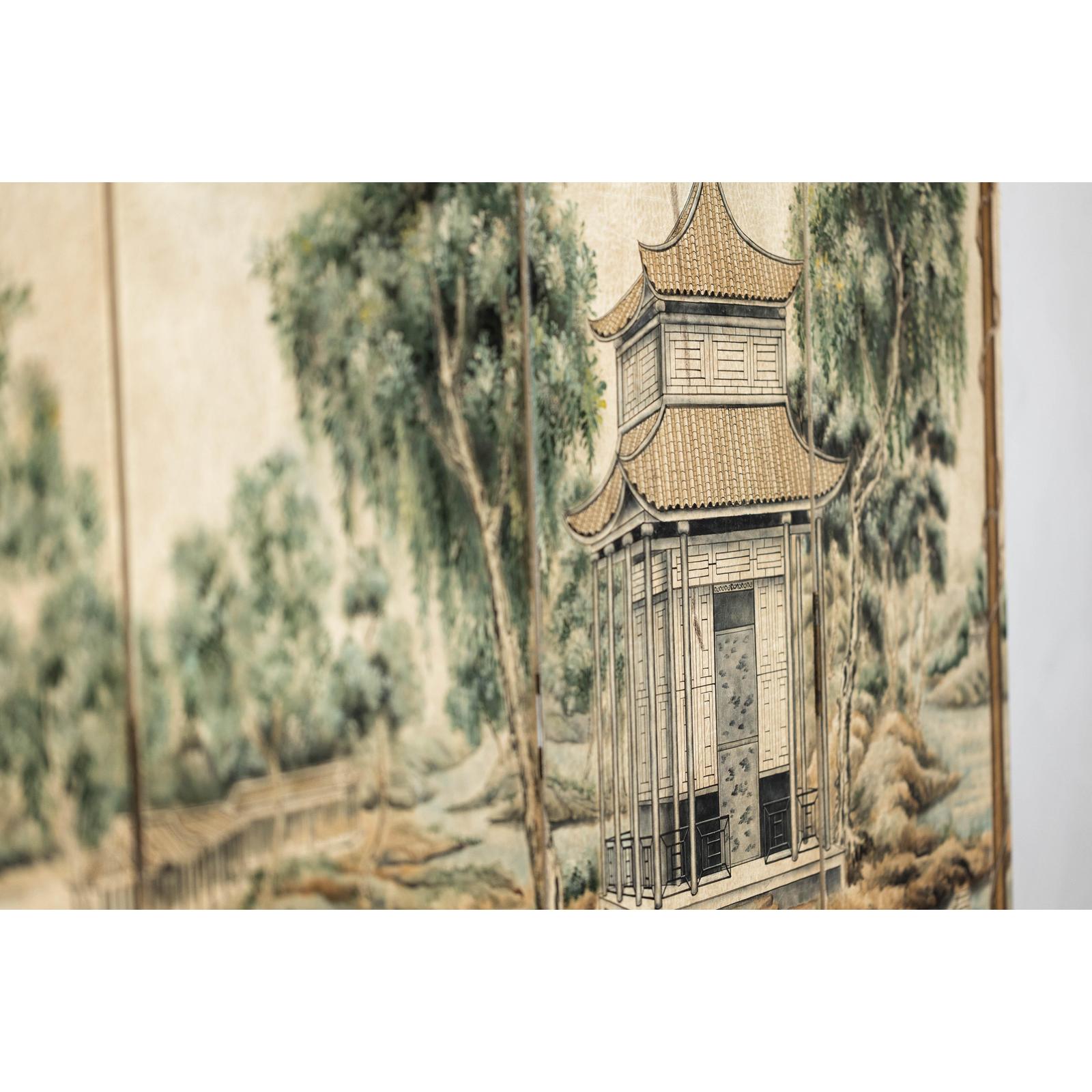Hand-Painted Four-Panel Screen with Garden Pavilion and Peony Motifs