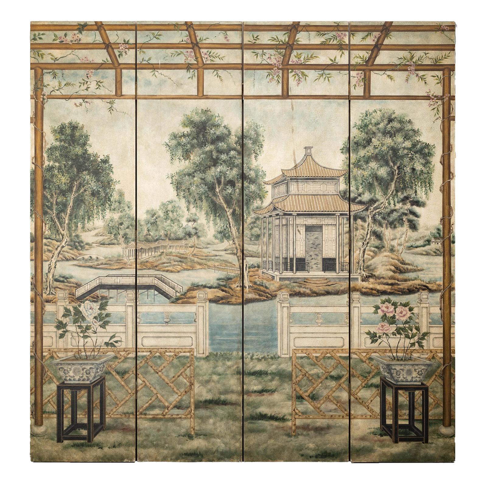 Four-Panel Screen with Garden Pavilion and Peony Motifs | FEA Home