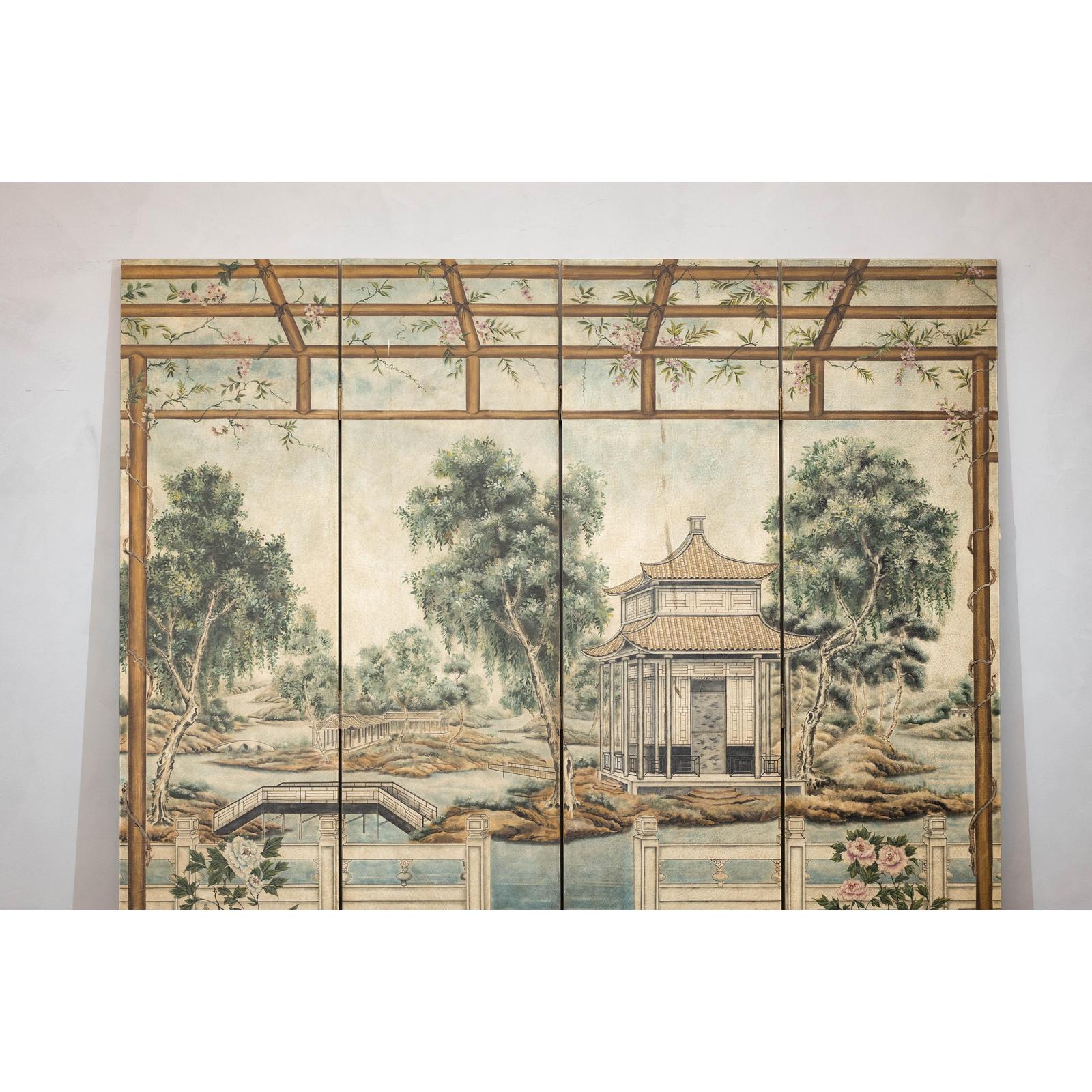 Hand-Painted Four-Panel Screen with Garden Pavilion and Peony Motifs