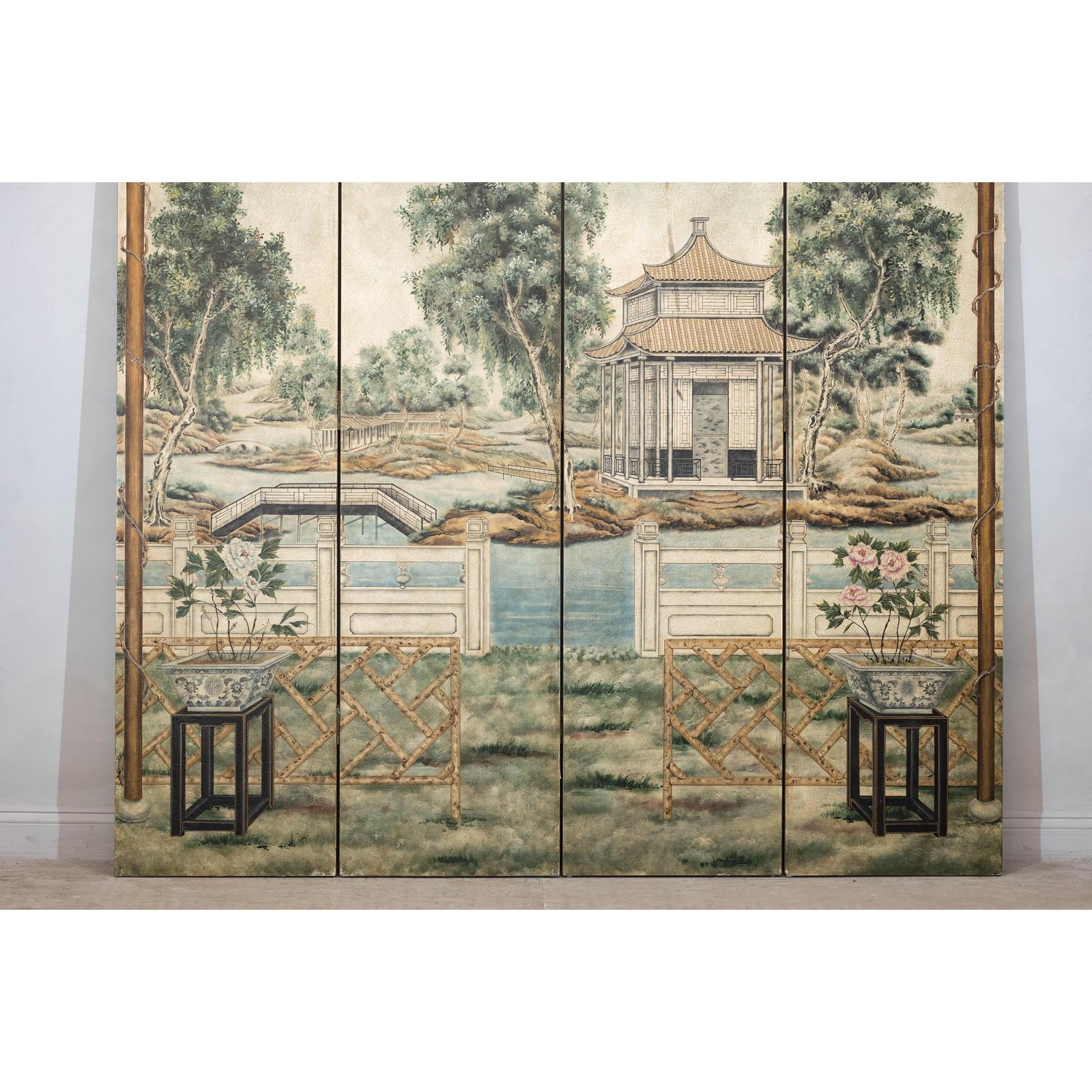 Hand-Painted Four-Panel Screen with Garden Pavilion and Peony Motifs