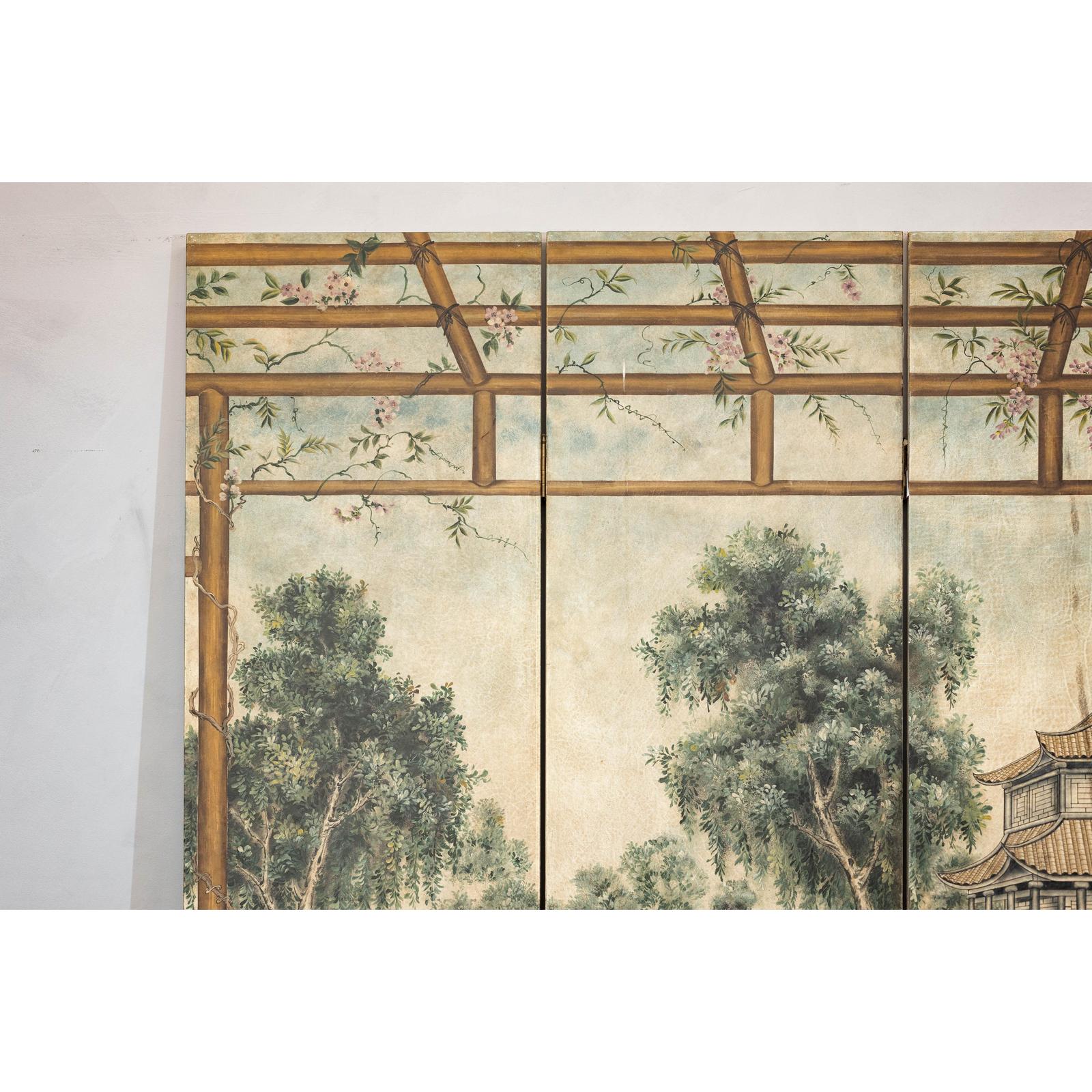 Hand-Painted Four-Panel Screen with Garden Pavilion and Peony Motifs