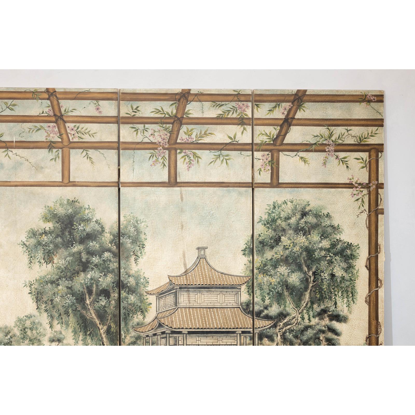 Hand-Painted Four-Panel Screen with Garden Pavilion and Peony Motifs