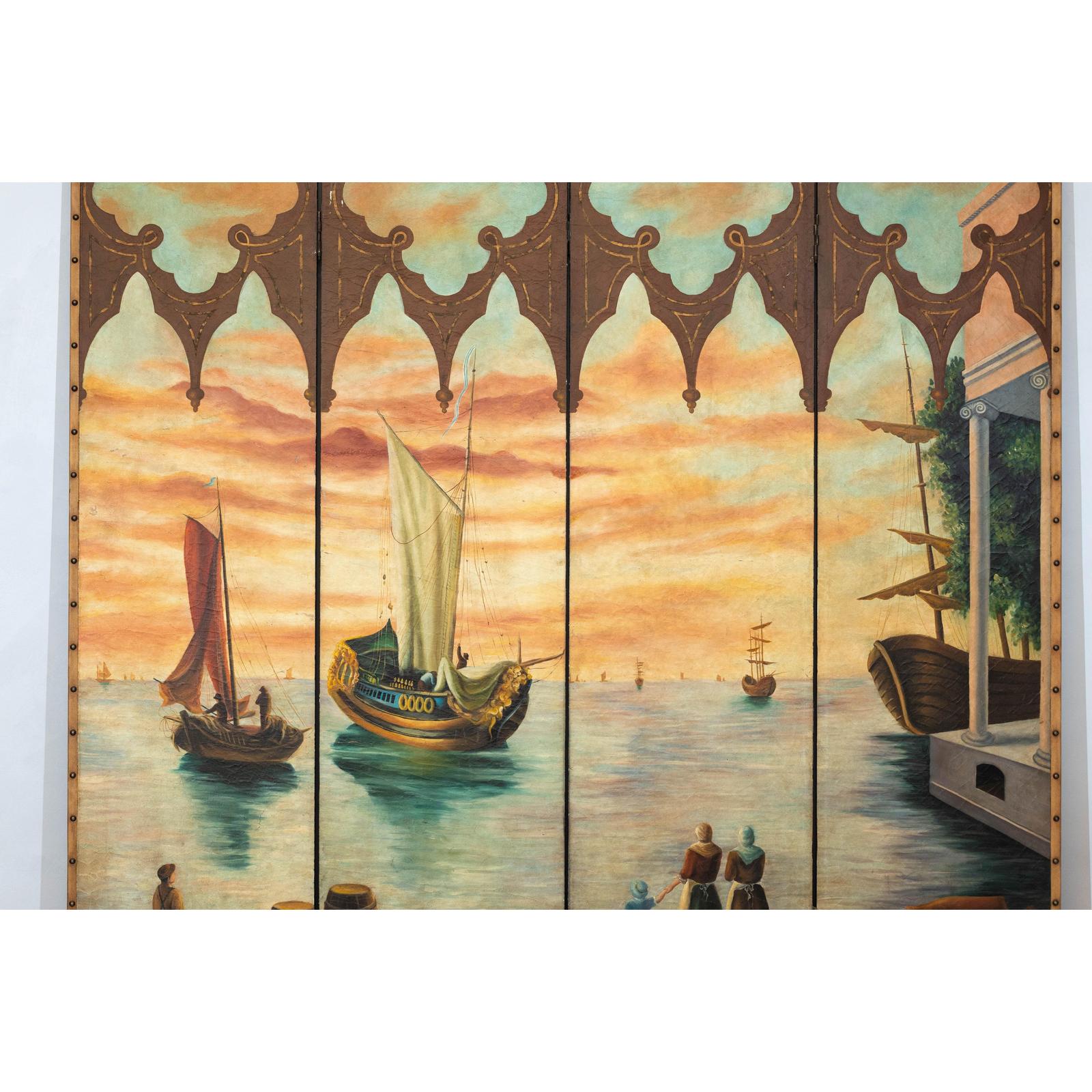Vintage Venetian Scene Four-Panel Folding Screen with Nautical Motifs