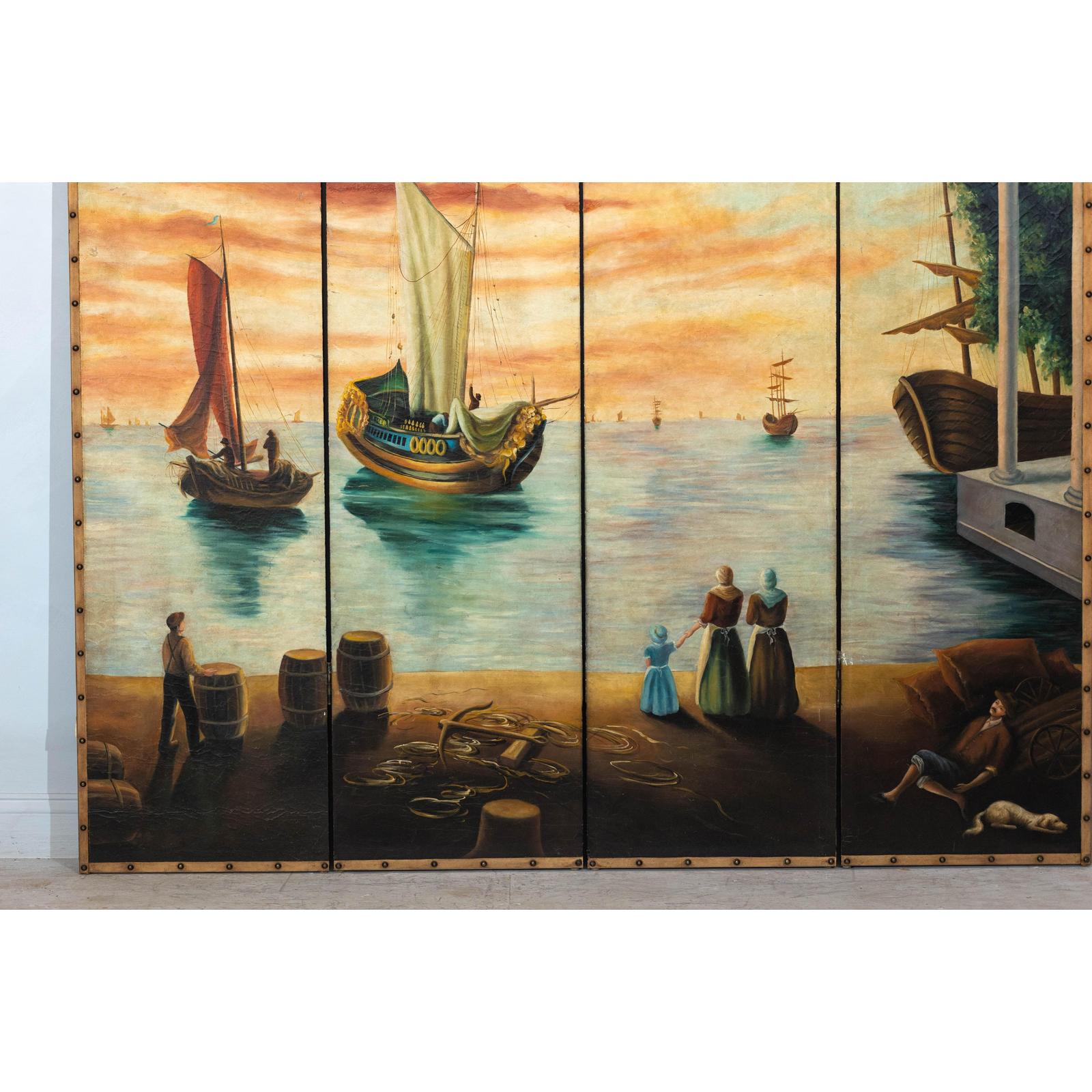 Vintage Venetian Scene Four-Panel Folding Screen with Nautical Motifs