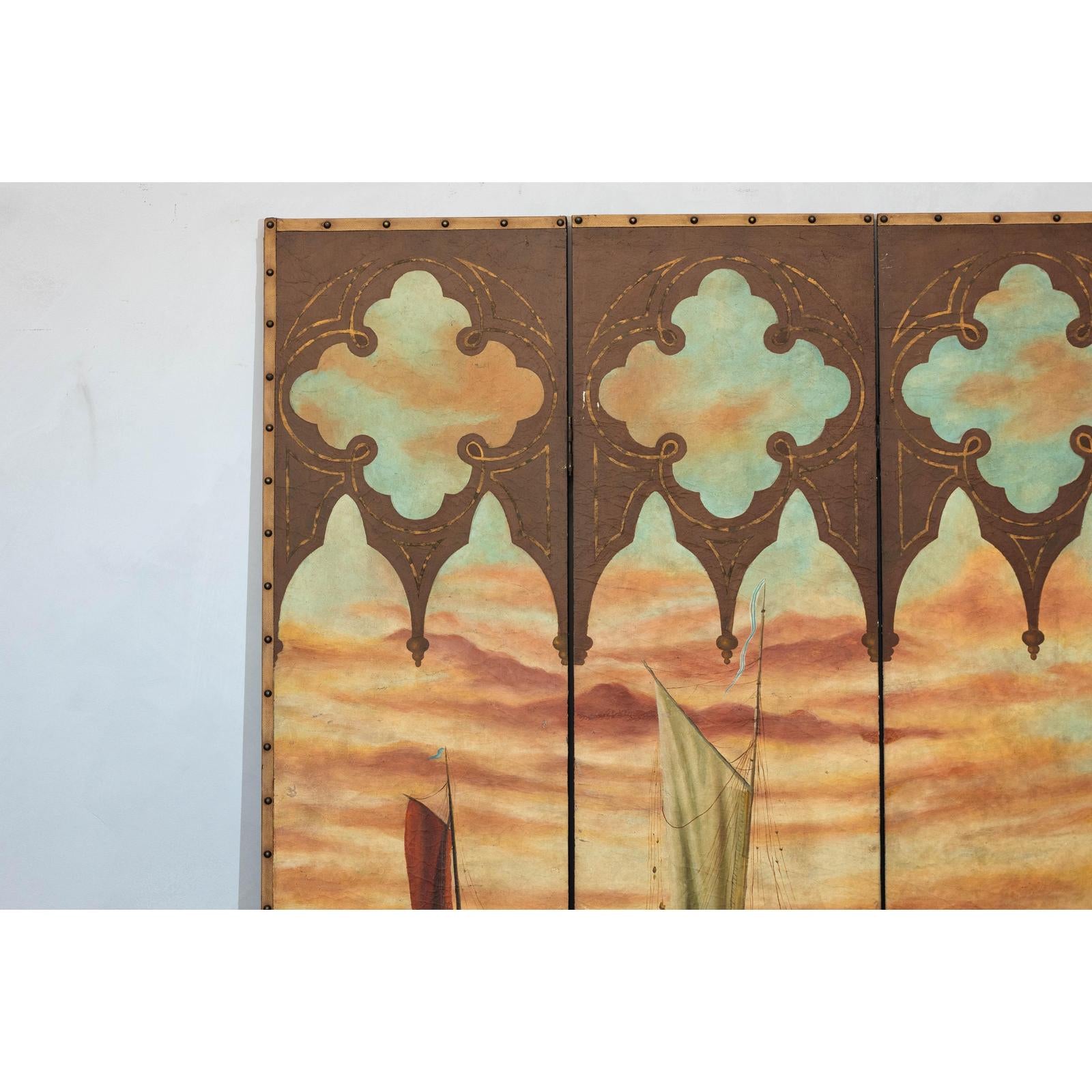 Vintage Venetian Scene Four-Panel Folding Screen with Nautical Motifs