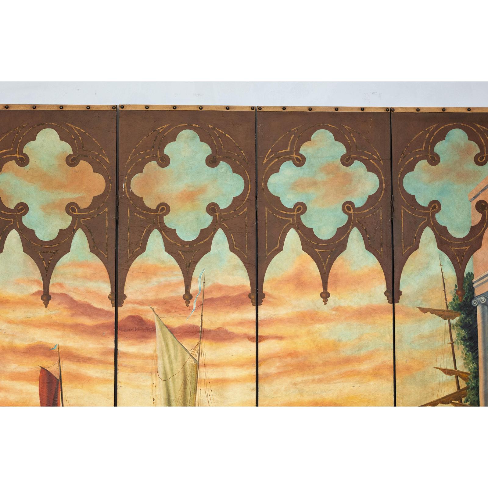 Vintage Venetian Scene Four-Panel Folding Screen with Nautical Motifs