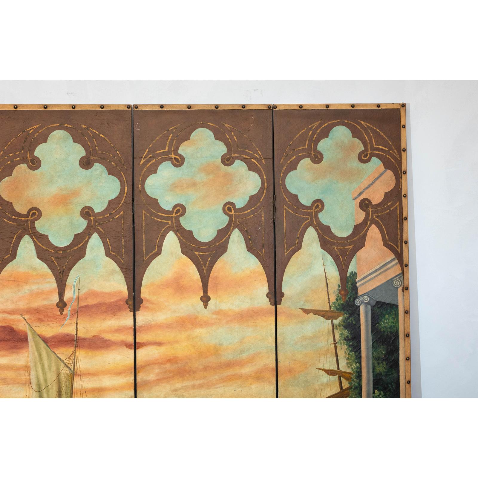 Vintage Venetian Scene Four-Panel Folding Screen with Nautical Motifs