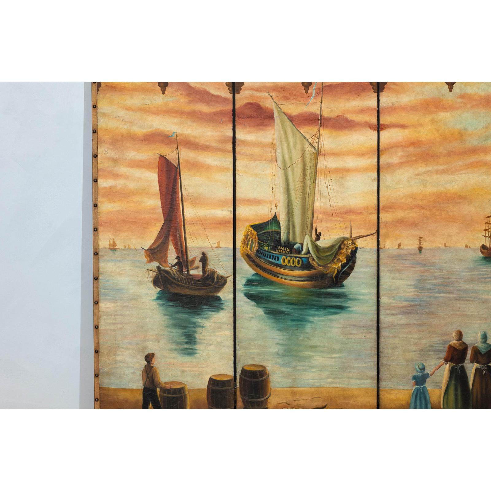 Vintage Venetian Scene Four-Panel Folding Screen with Nautical Motifs