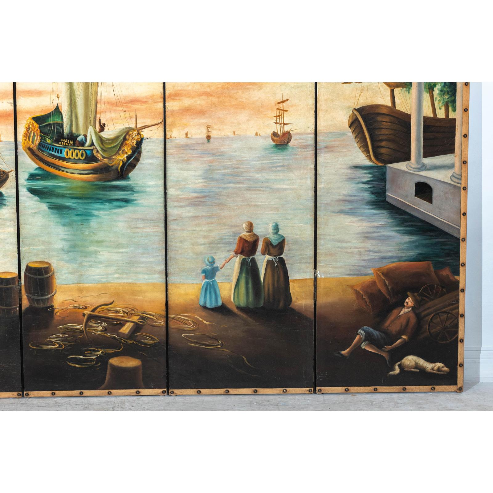 Vintage Venetian Scene Four-Panel Folding Screen with Nautical Motifs