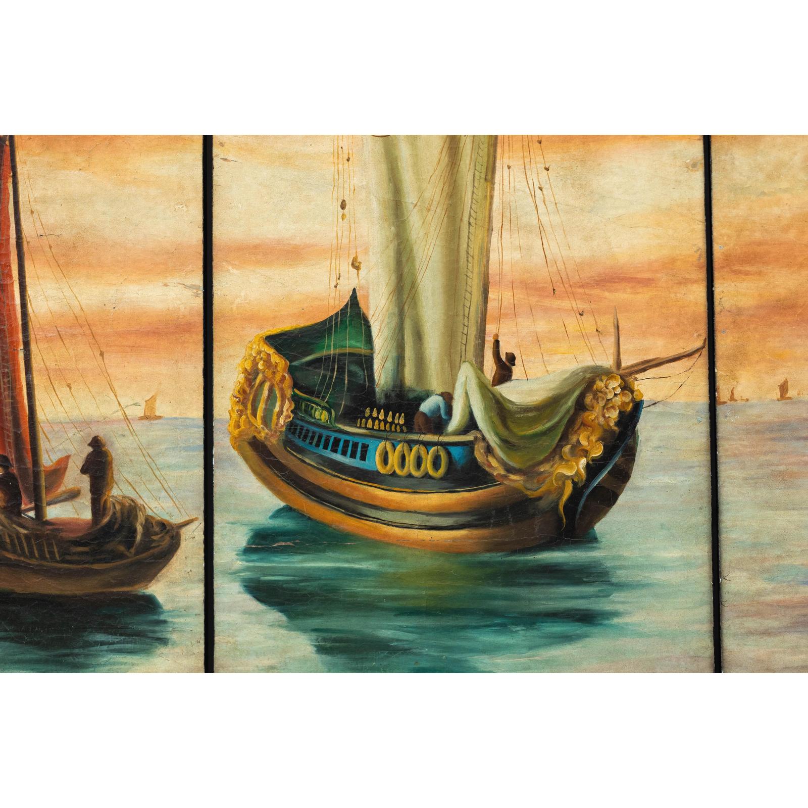 Vintage Venetian Scene Four-Panel Folding Screen with Nautical Motifs