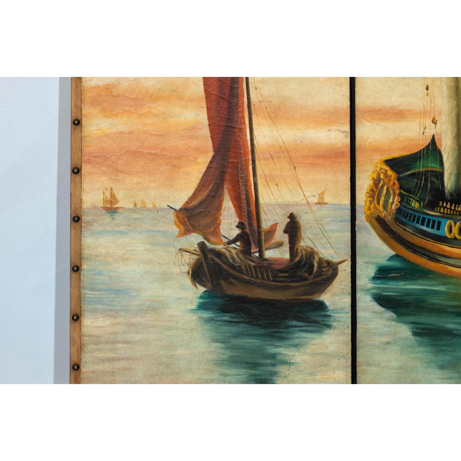 Vintage Venetian Scene Four-Panel Folding Screen with Nautical Motifs