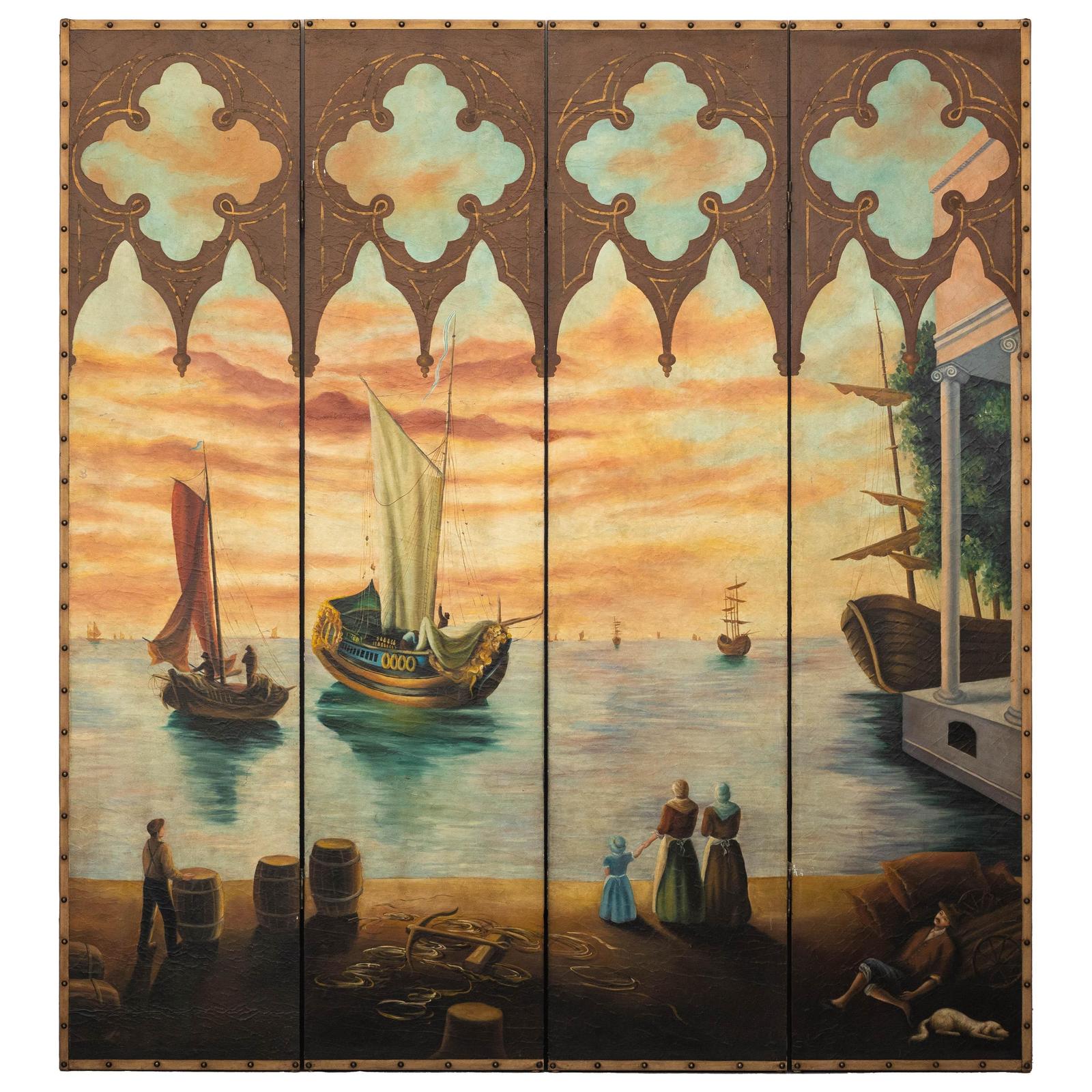 Vintage Venetian Scene Four-Panel Folding Screen with Nautical Motifs