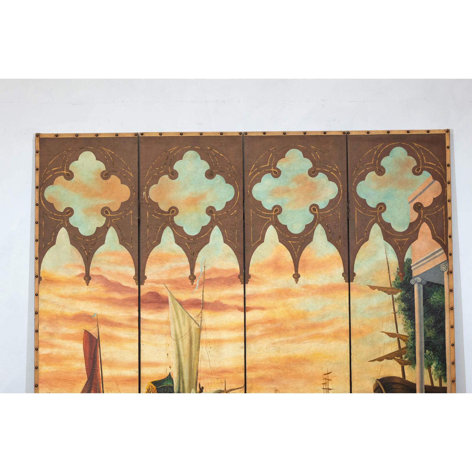 Vintage Venetian Scene Four-Panel Folding Screen with Nautical Motifs