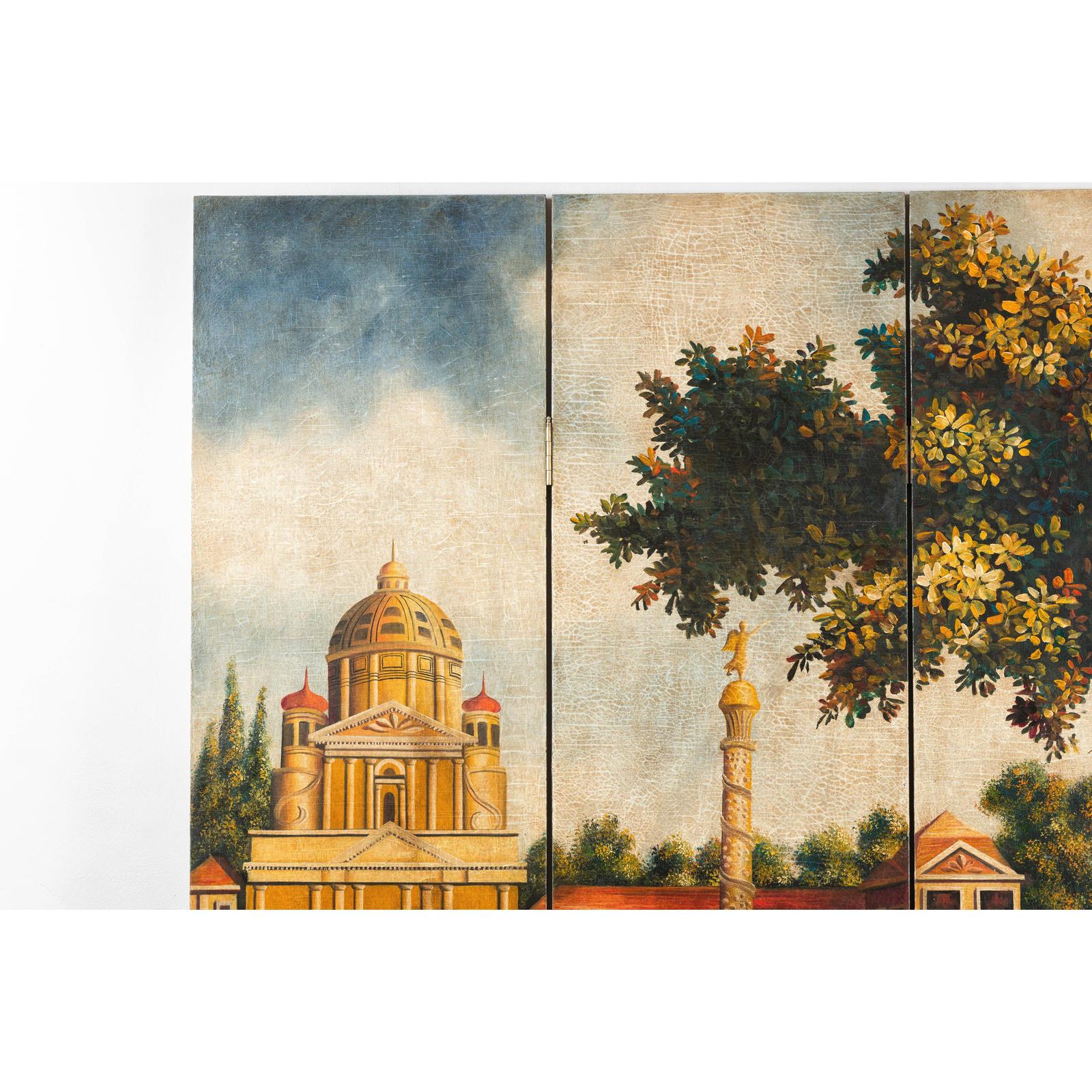 Hand-Painted Folding Screen with Romantic European Countryside and Architecture