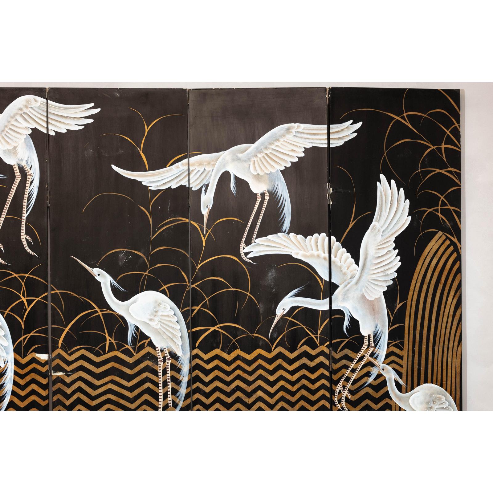 Vintage Coromandel Screen with White Cranes, Gold Accents, and Black Lacquer