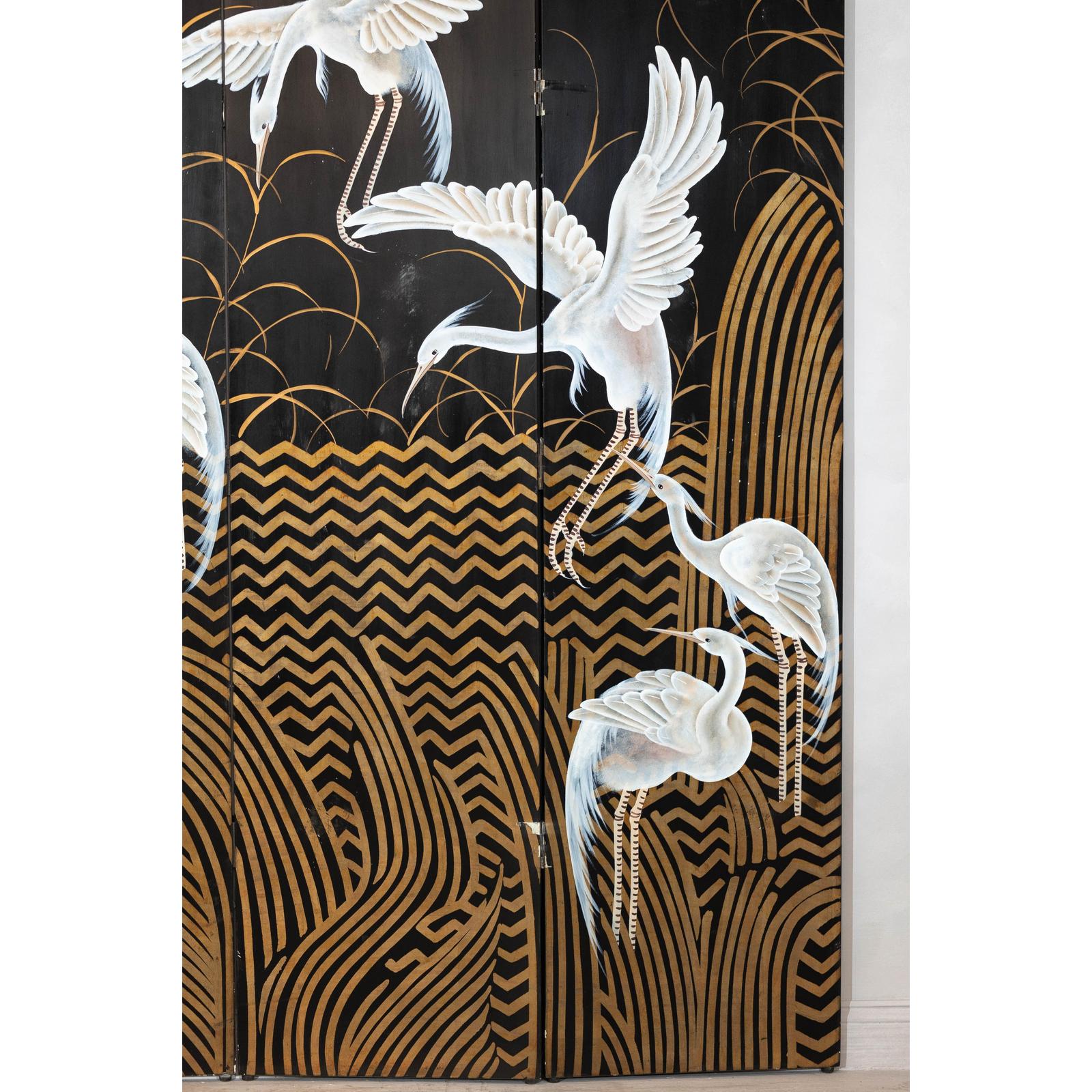 Vintage Coromandel Screen with White Cranes, Gold Accents, and Black Lacquer