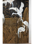Vintage Coromandel Screen with White Cranes, Gold Accents, and Black Lacquer