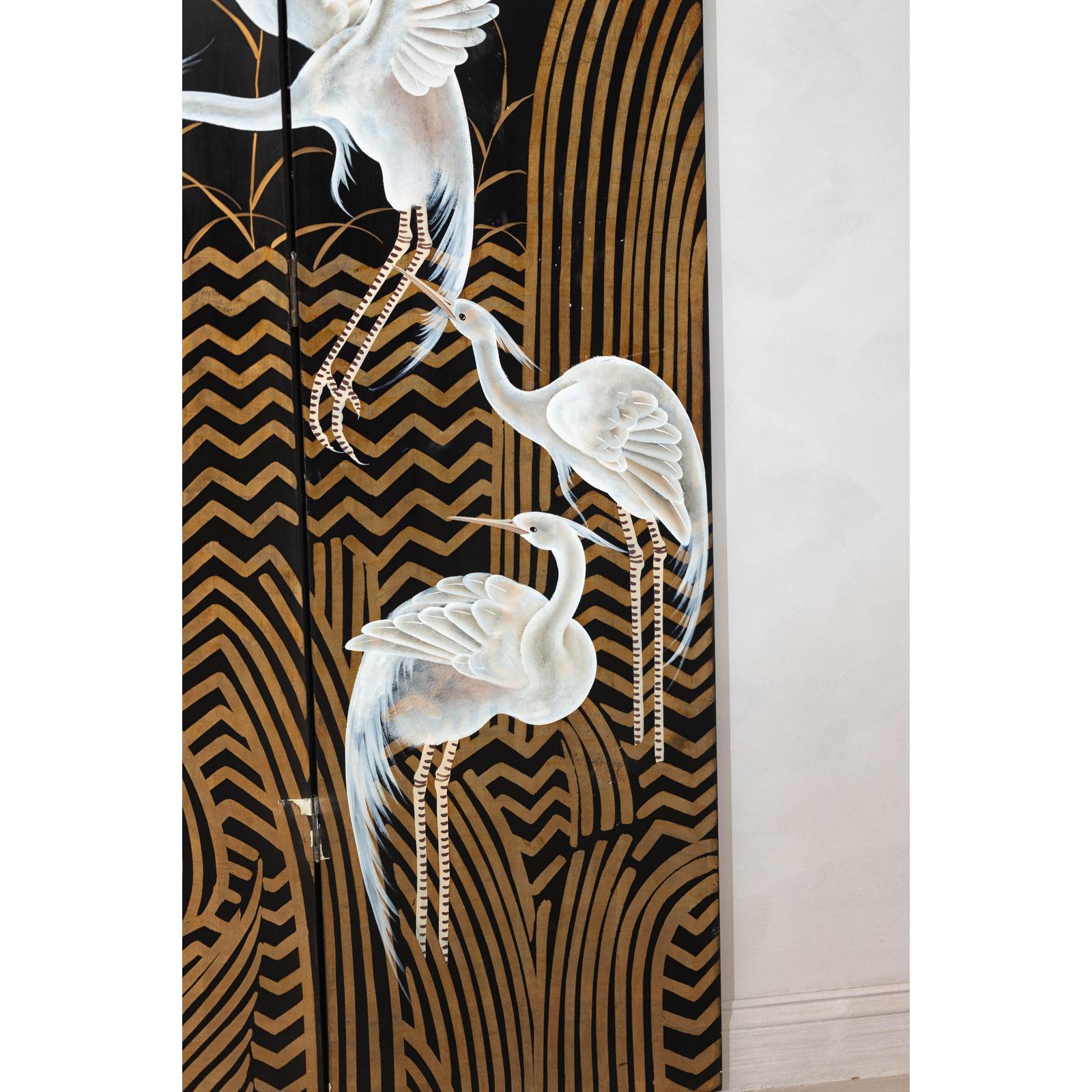 Vintage Coromandel Screen with White Cranes, Gold Accents, and Black Lacquer