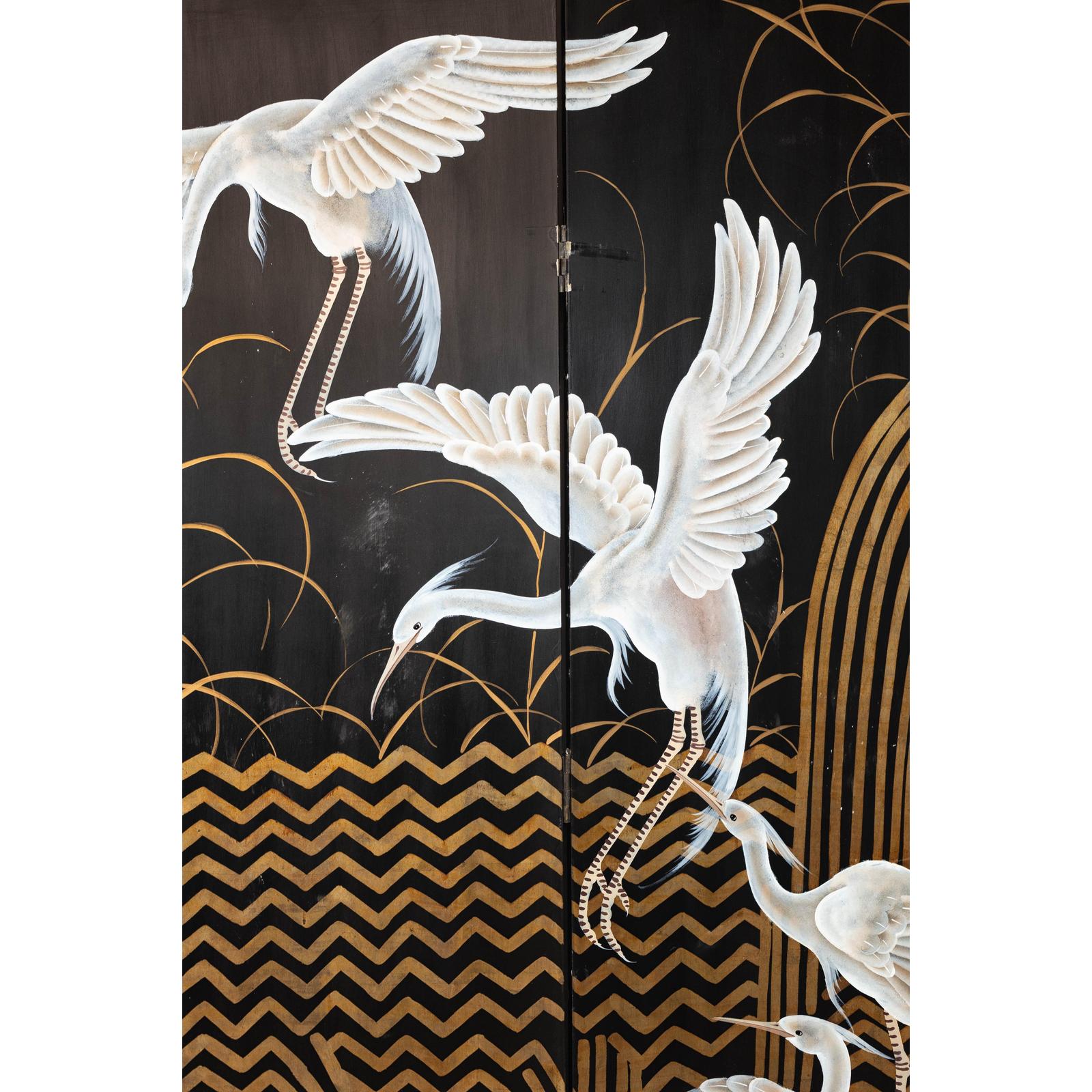 Vintage Coromandel Screen with White Cranes, Gold Accents, and Black Lacquer