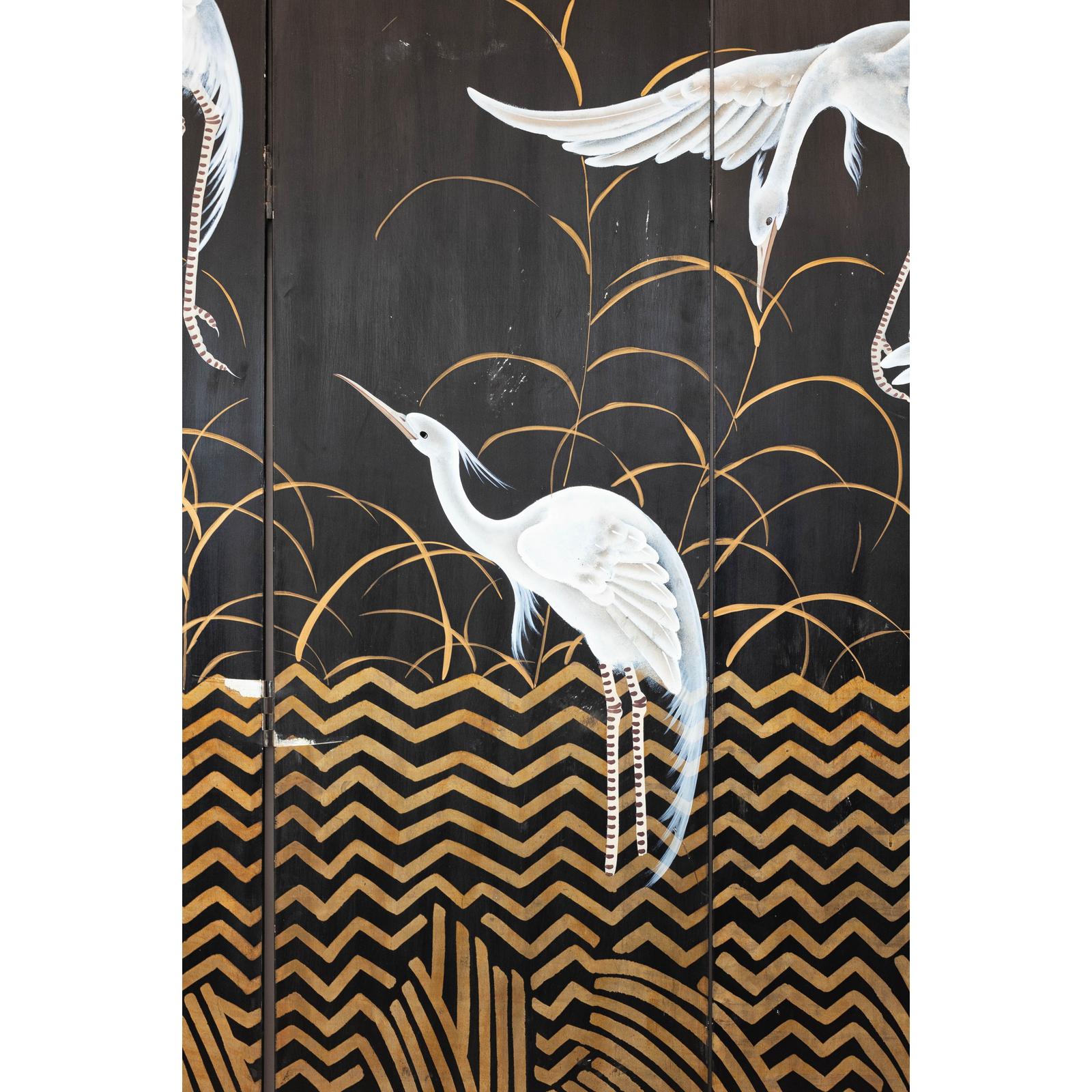 Vintage Coromandel Screen with White Cranes, Gold Accents, and Black Lacquer