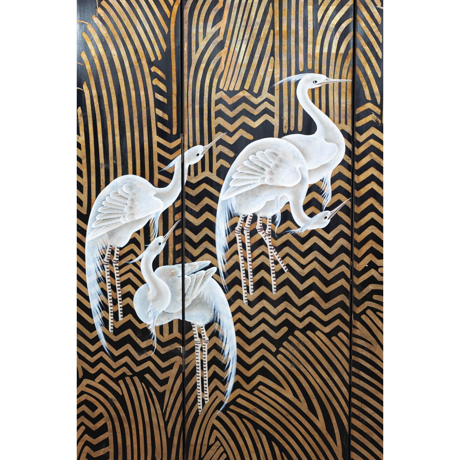 Vintage Coromandel Screen with White Cranes, Gold Accents, and Black Lacquer