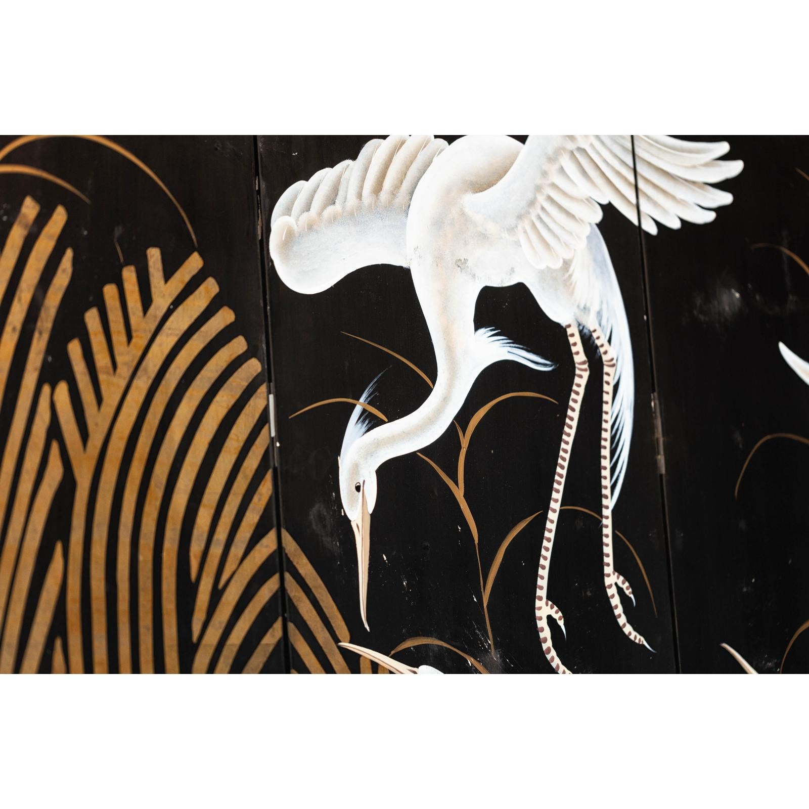 Vintage Coromandel Screen with White Cranes, Gold Accents, and Black Lacquer