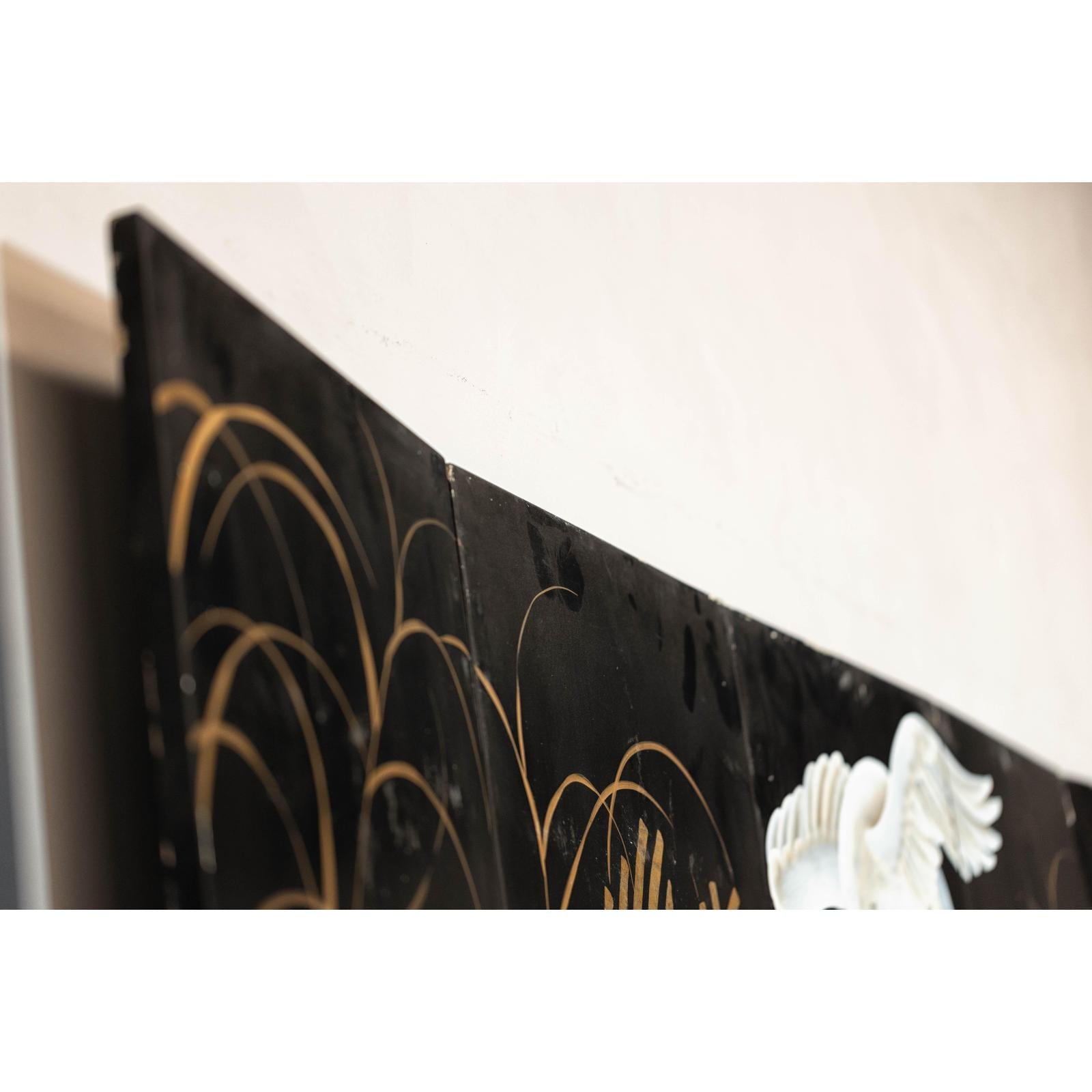 Vintage Coromandel Screen with White Cranes, Gold Accents, and Black Lacquer