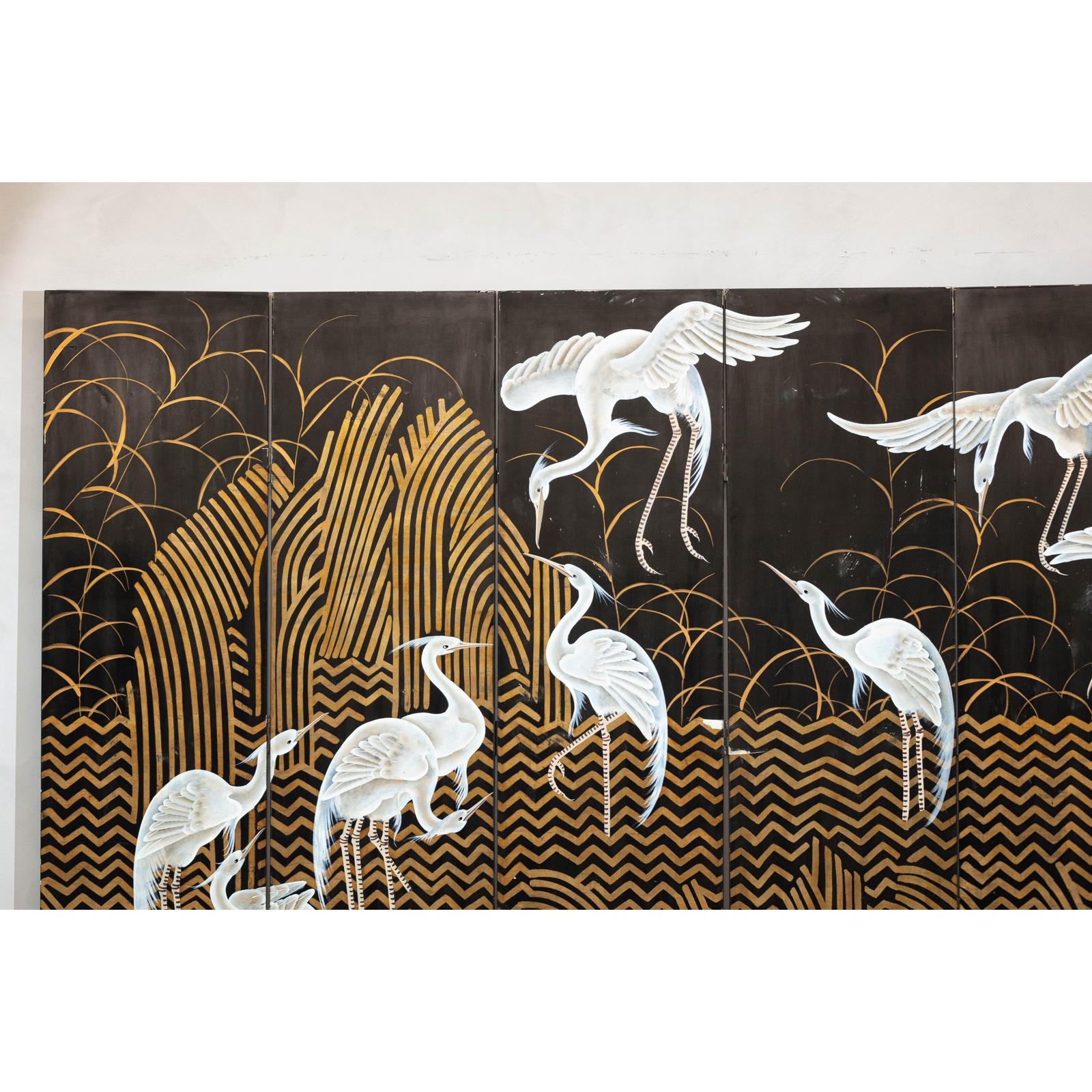 Vintage Coromandel Screen with White Cranes, Gold Accents, and Black Lacquer