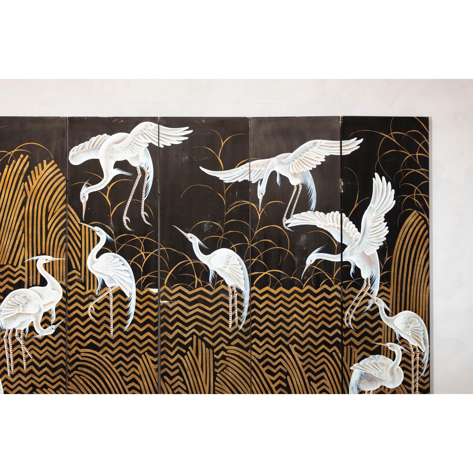 Vintage Coromandel Screen with White Cranes, Gold Accents, and Black Lacquer