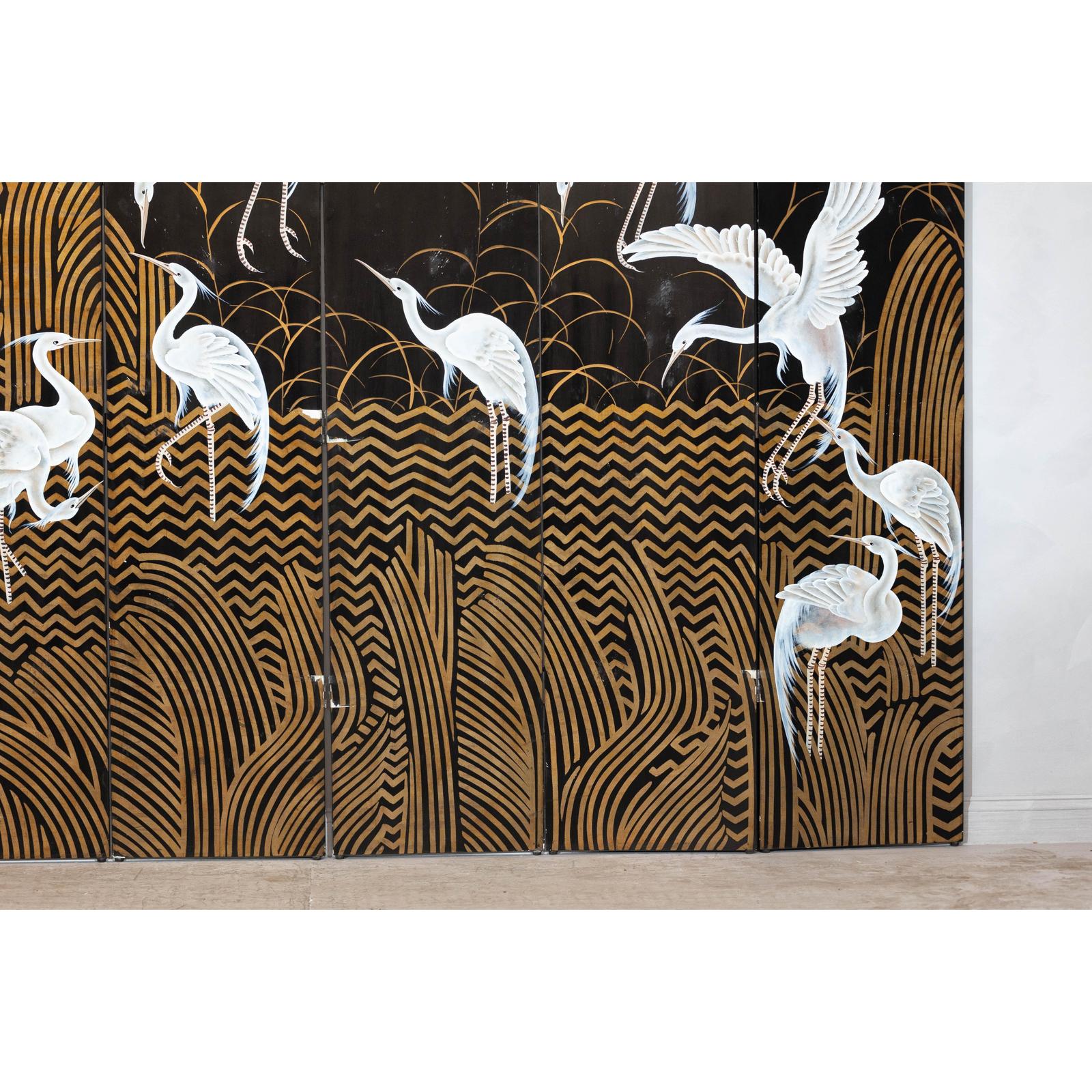 Vintage Coromandel Screen with White Cranes, Gold Accents, and Black Lacquer