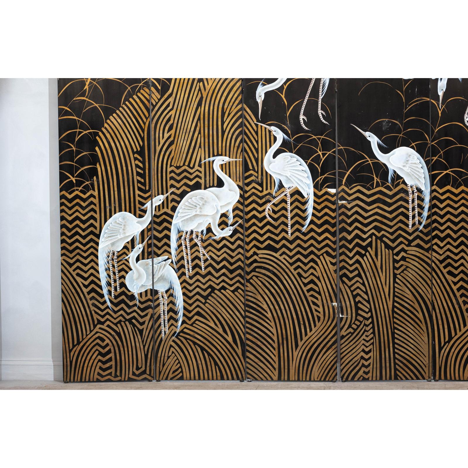 Vintage Coromandel Screen with White Cranes, Gold Accents, and Black Lacquer