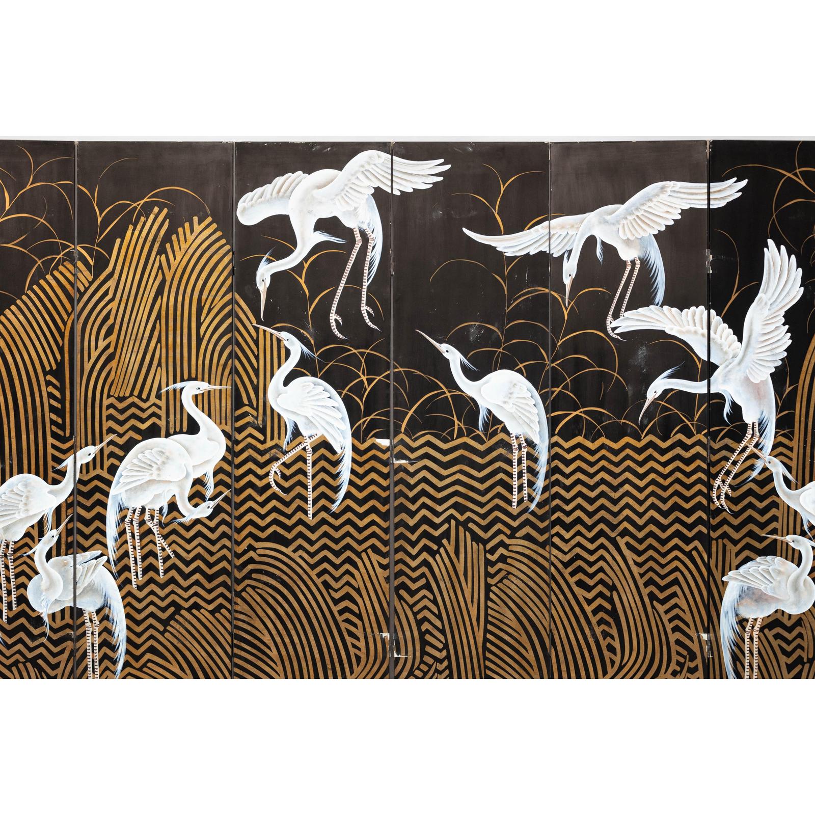Vintage Coromandel Screen with White Cranes, Gold Accents, and Black Lacquer
