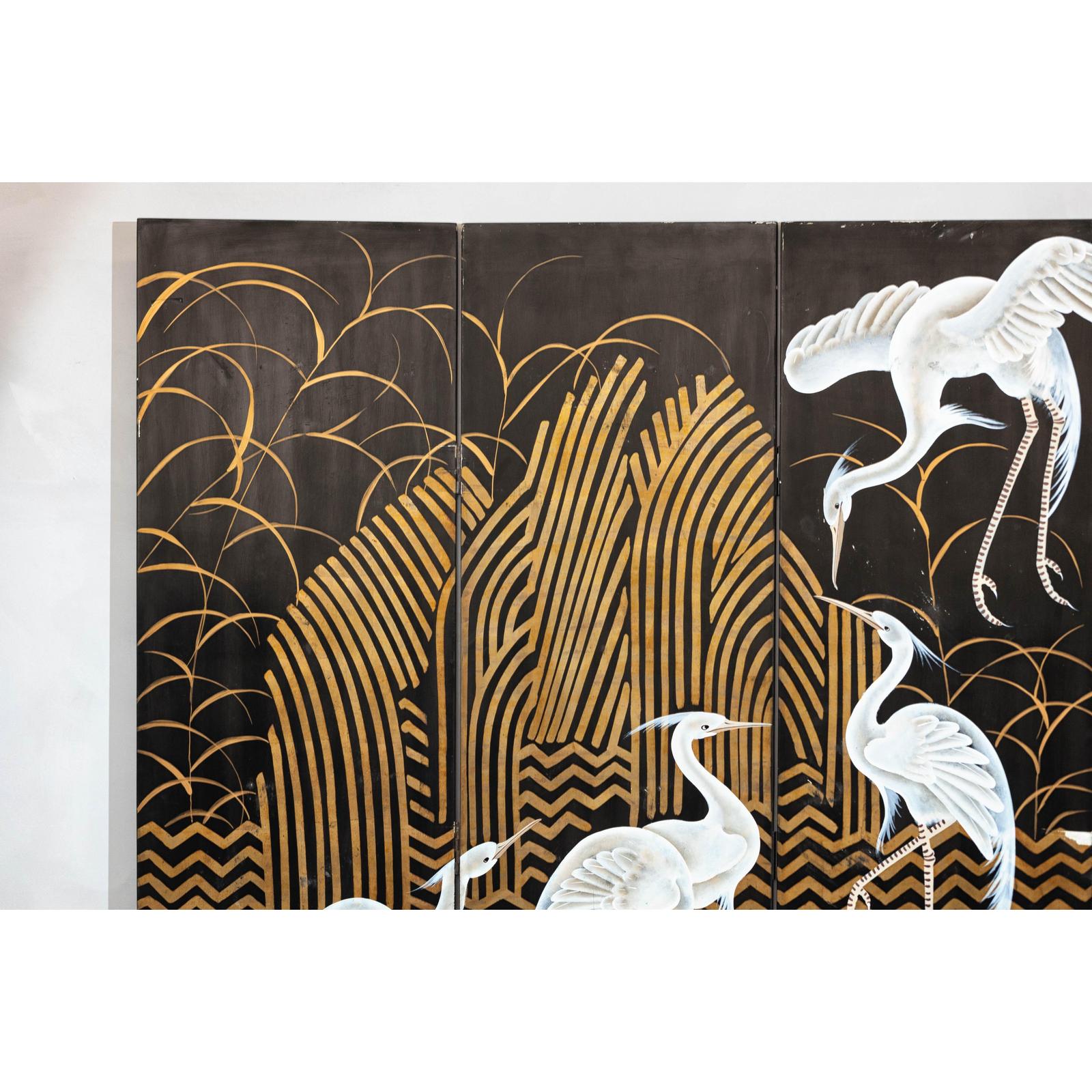 Vintage Coromandel Screen with White Cranes, Gold Accents, and Black Lacquer