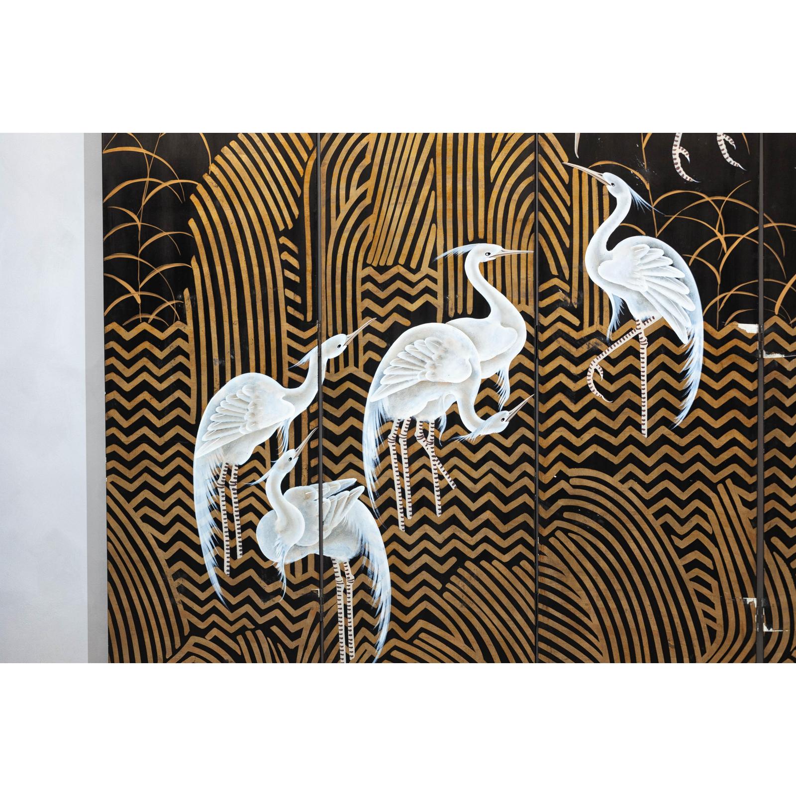 Vintage Coromandel Screen with White Cranes, Gold Accents, and Black Lacquer