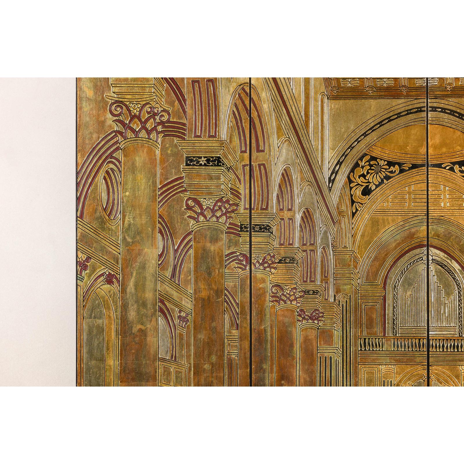 Renaissance-Inspired 4-Panel Gilded Screen with Raised Architectural Design