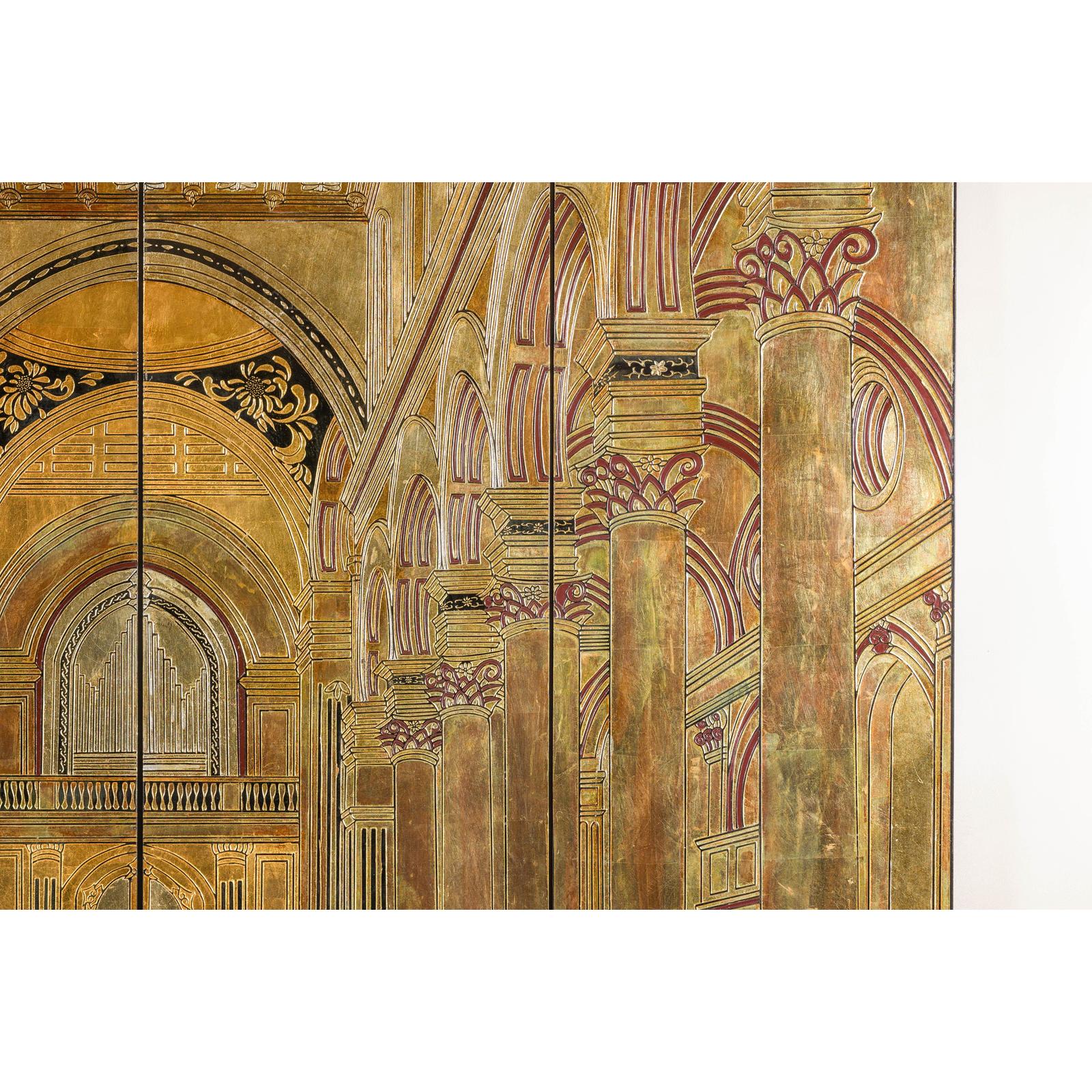 Renaissance-Inspired 4-Panel Gilded Screen with Raised Architectural Design