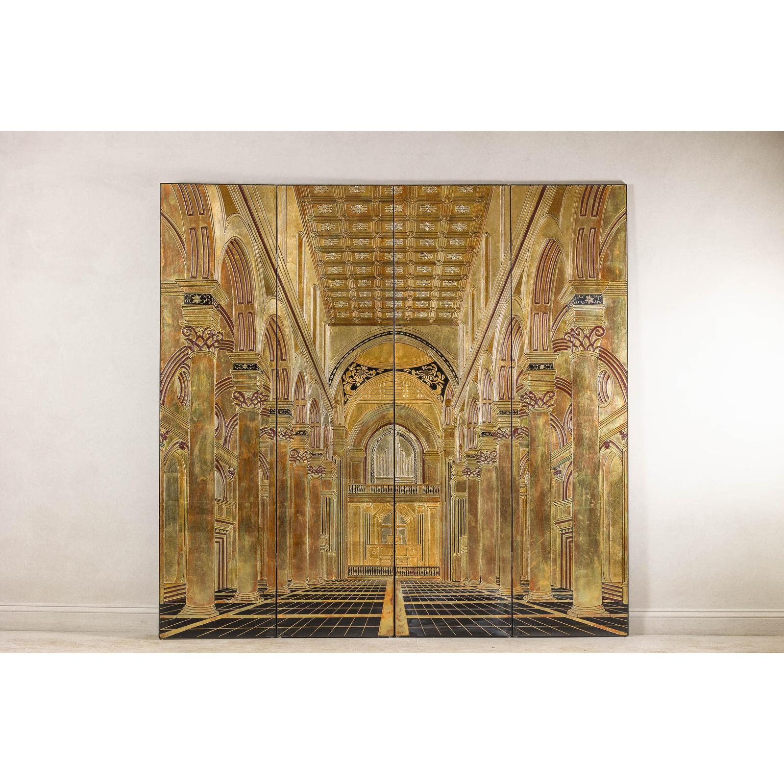 Renaissance-Inspired 4-Panel Gilded Screen with Raised Architectural Design