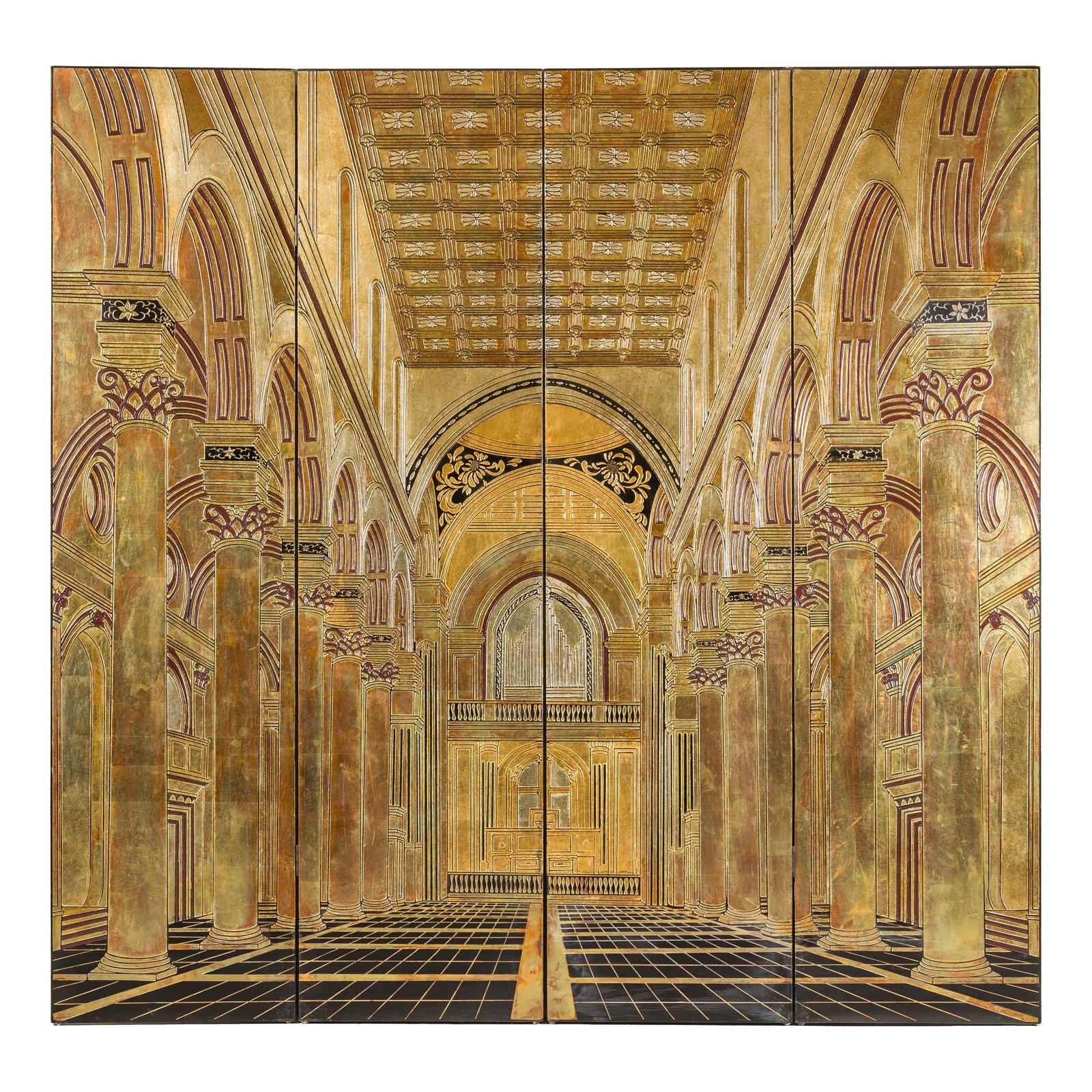 Renaissance-Inspired 4-Panel Gilded Screen with Raised Architectural Design