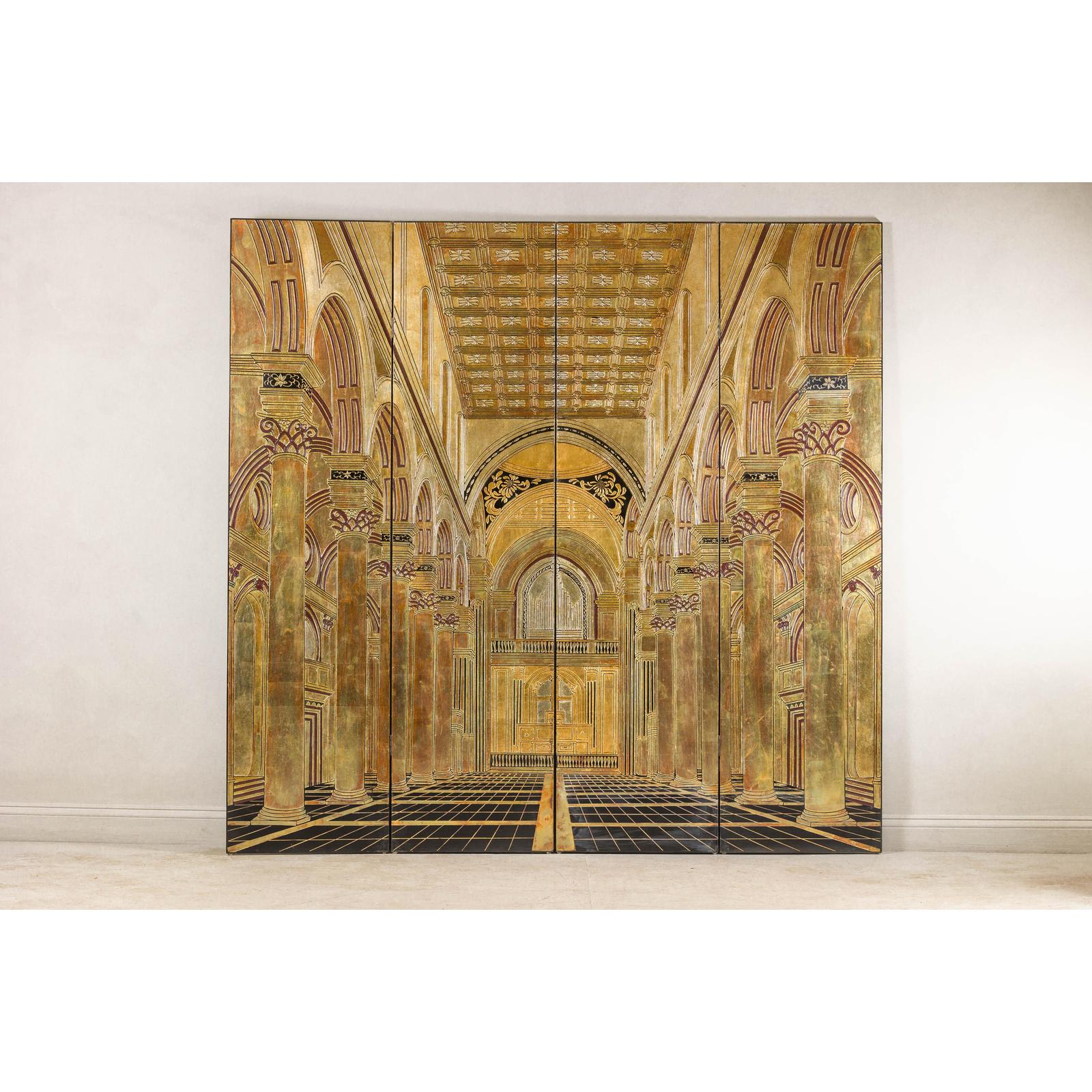 Renaissance-Inspired 4-Panel Gilded Screen with Raised Architectural Design