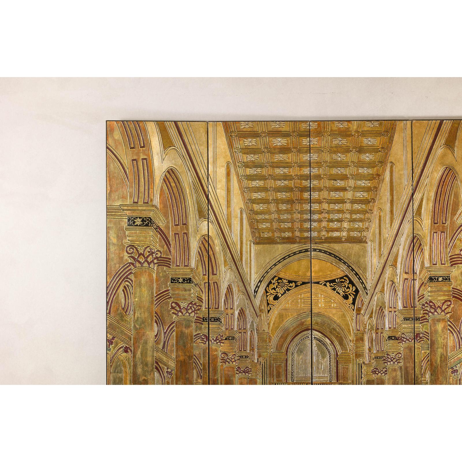 Renaissance-Inspired 4-Panel Gilded Screen with Raised Architectural Design