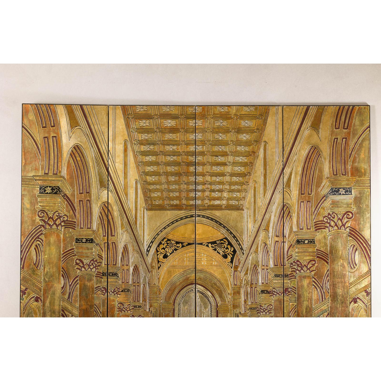 Renaissance-Inspired 4-Panel Gilded Screen with Raised Architectural Design