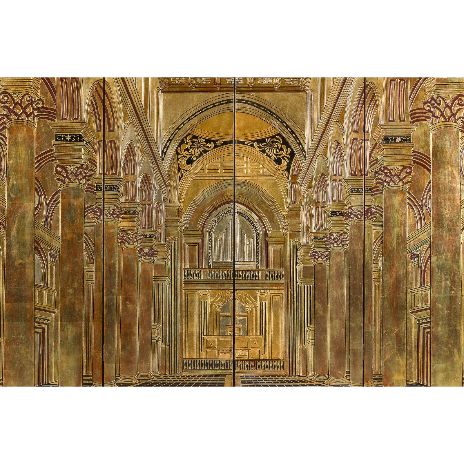Renaissance-Inspired 4-Panel Gilded Screen with Raised Architectural Design
