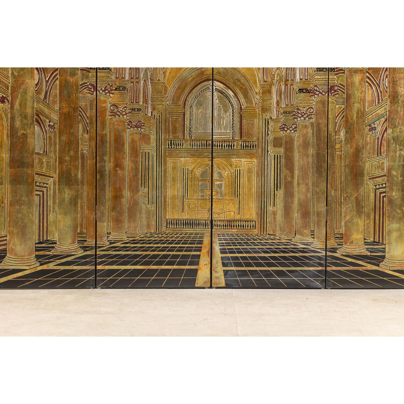 Renaissance-Inspired 4-Panel Gilded Screen with Raised Architectural Design