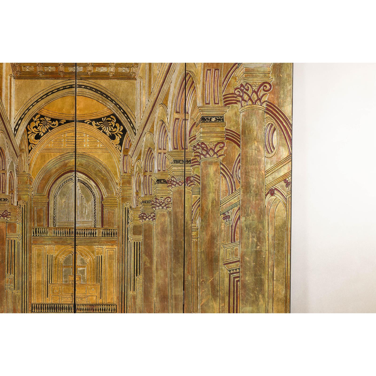 Renaissance-Inspired 4-Panel Gilded Screen with Raised Architectural Design