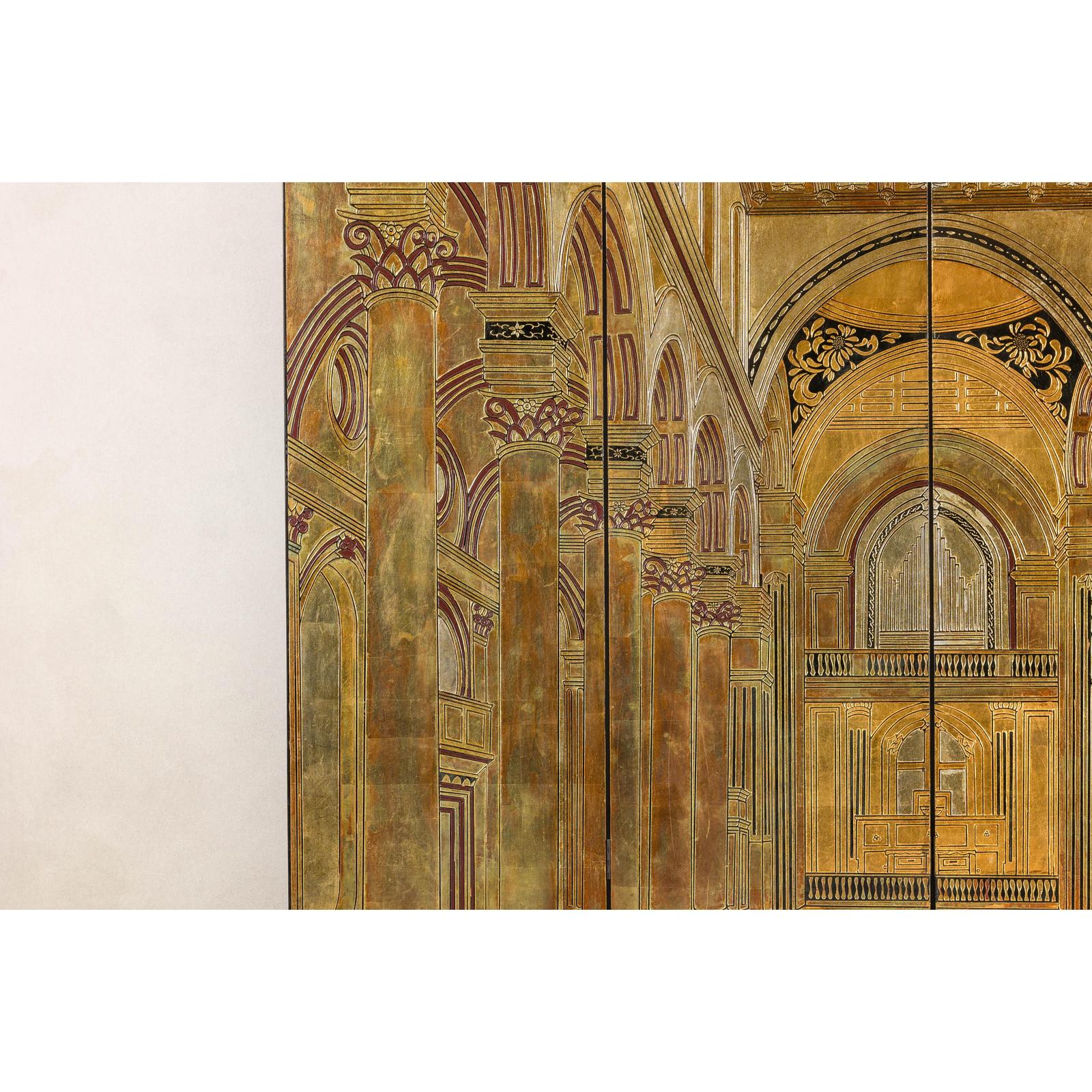 Renaissance-Inspired 4-Panel Gilded Screen with Raised Architectural Design